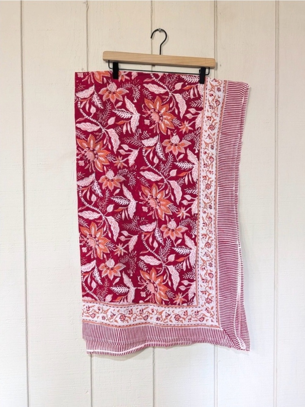 Julia Amory Red Floral Block Print Pareo Cotton Sarong Beach Wrap Scarf India